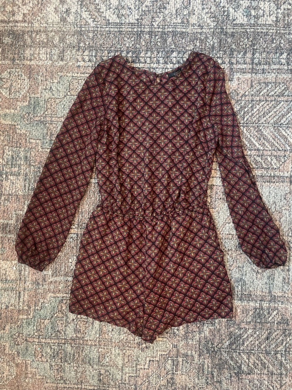 Forever 21 Boho Long Sleeve Romper Small Patterned Smocked Waist Fall Casual